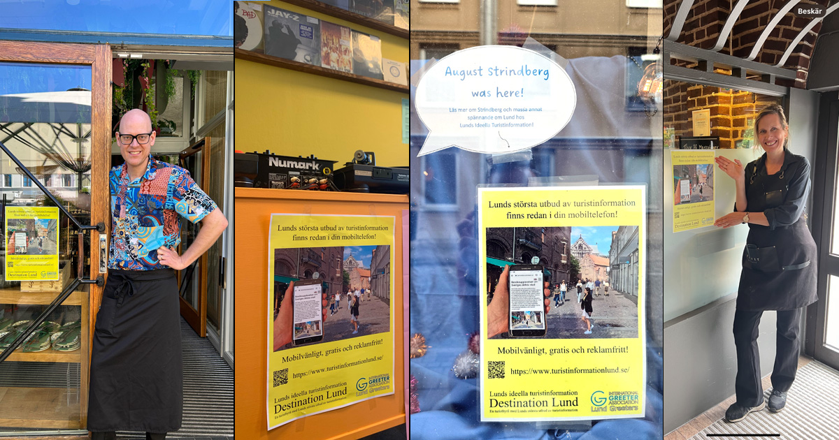 Some businesses in Lund that have put up the voluntary tourist information Destination Lund's yellow poster