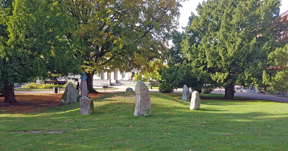 The runestone hillock in Lund with its six runestones