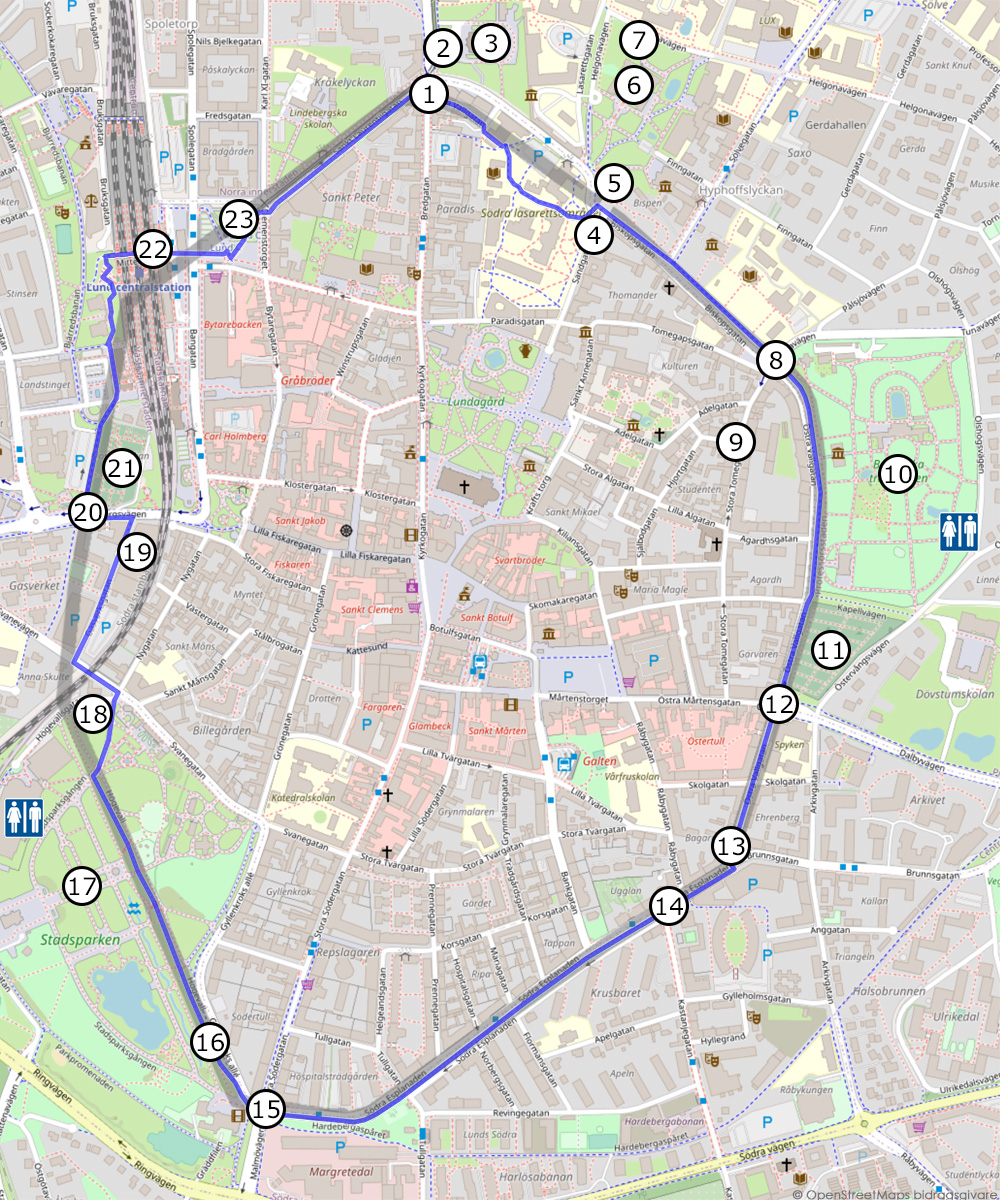 Map of the Lund City Wall with attractions alongside the walk