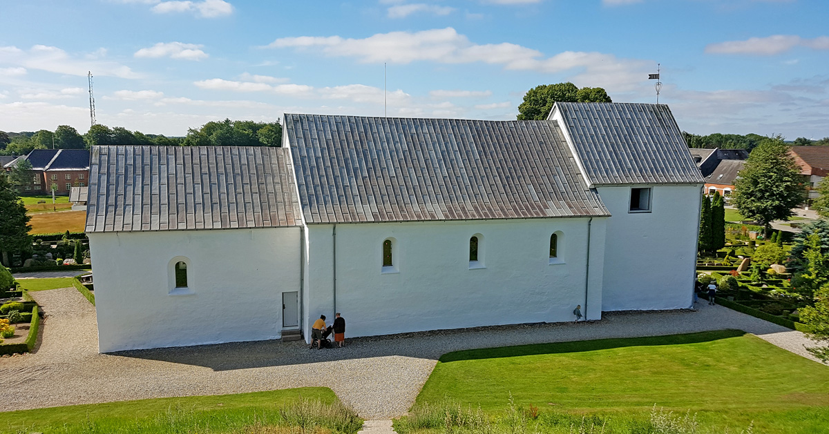 The church in Jelling in Jutland, Denmark, to the south with the choir to the left