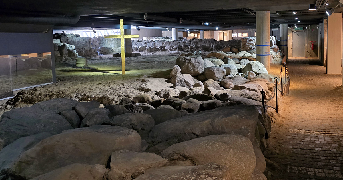 The preserved ruin from Lund's first cathedral Drotten from the 1020s that is open for visitors