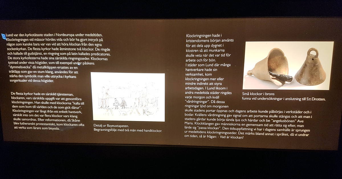 Information in the exhibition for Drotten church ruin about bells bell ringing