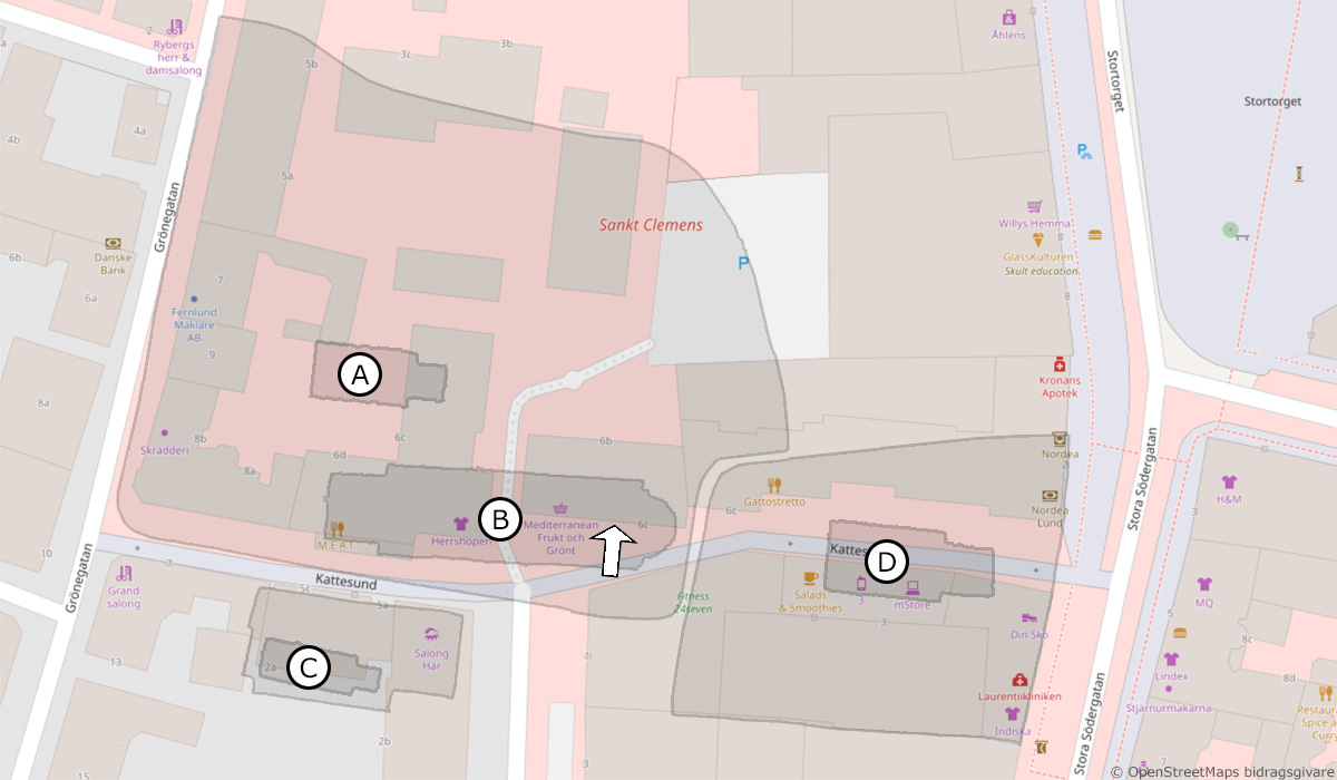 Map of the four churches Kattesund churches in Lund