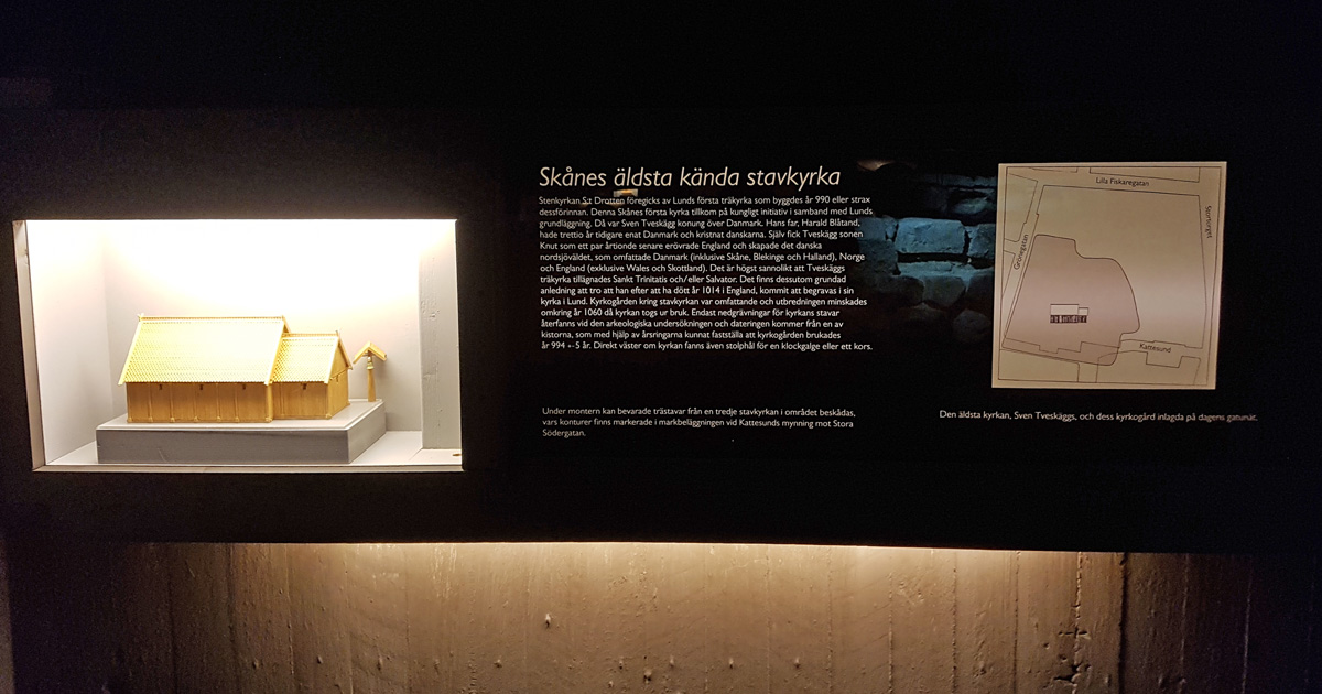 A model of the king Svend Forkbeard's Trinitas Church Trinity in Drotten church ruin in Lund
