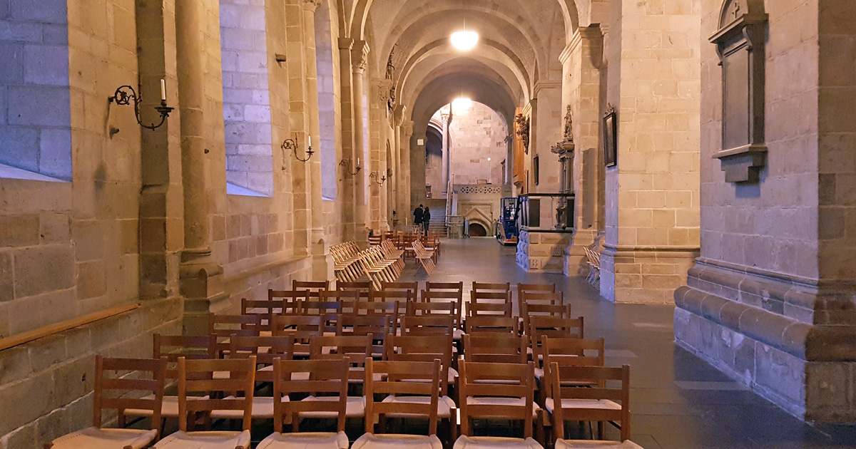The north aisle of Lund Cathedral, where remains of the monastery building are hidden under the floor