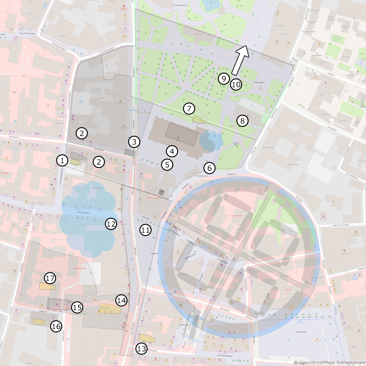 Map of historically interesting places in Lund's viking age center