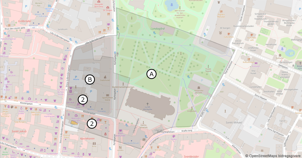 The royal estate area in different times during the viking age Lund