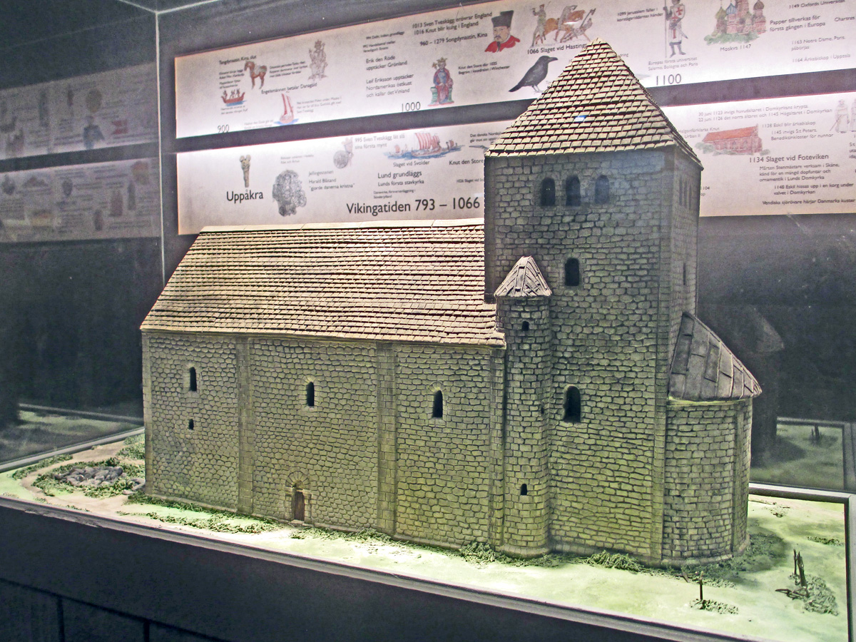 A model of Drotten church in Lund as it may have looked as completed as a bishops church around the year 1050