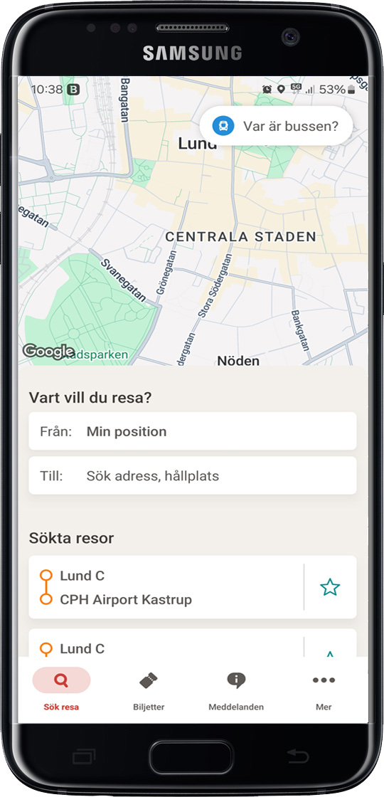 Skånetrafiken's mobile app for travel to and within Lund